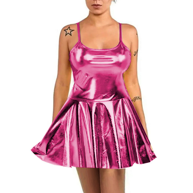 Summer Sexy Women High Waist Sundress Rave Party Spaghetti Straps Cami Slip Dress Shiny Metallic Short A-line Skater Mini Dress