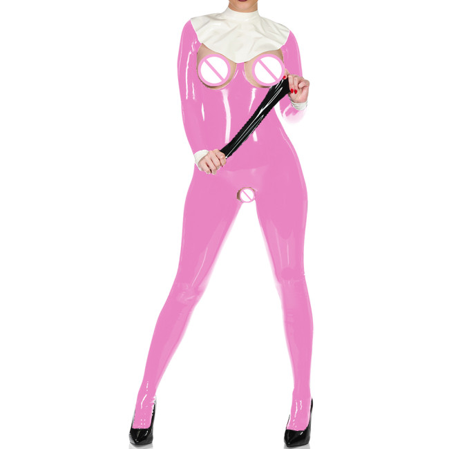 Exotic Sexy Cupless Crotchless Catsuit Wet PVC Leather Long Sleeve Club Bodysuit Fetish Open Crotch Bare Breast Erotic Lingerie