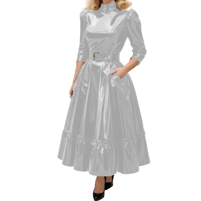 Fashion Turtleneck Solid Shiny PVC Leather A-Line Dress Womens Three Quarter Sleeves Long Belted Dress Female Elegant Vestidos