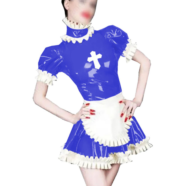 Wetlook PVC Leather A-line Nun Maid Dress Sets Shiny Ruffles Short Sleeve Lolita Dress with Apron Party Cosplay Nun Maid Outfit