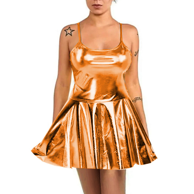 Summer Sexy Women High Waist Sundress Rave Party Spaghetti Straps Cami Slip Dress Shiny Metallic Short A-line Skater Mini Dress