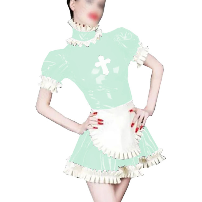 Wetlook PVC Leather A-line Nun Maid Dress Sets Shiny Ruffles Short Sleeve Lolita Dress with Apron Party Cosplay Nun Maid Outfit