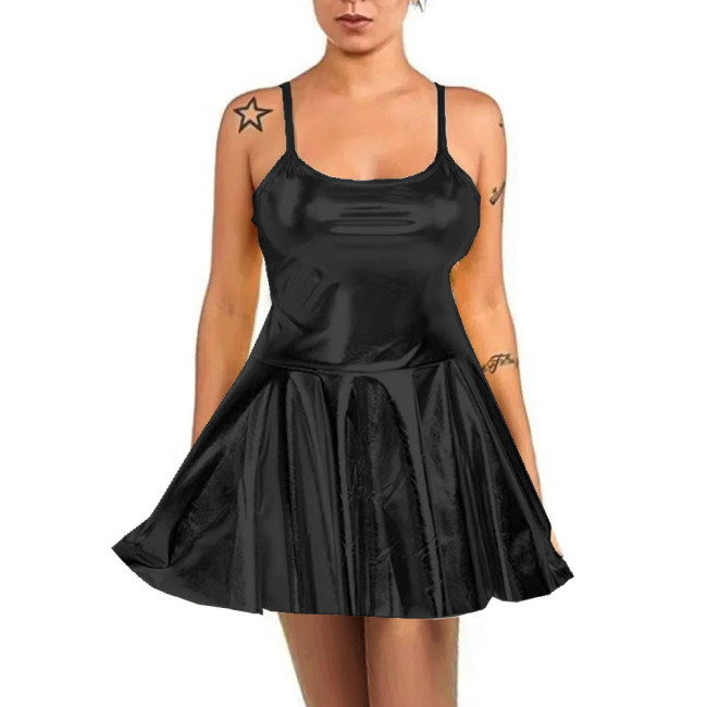 Summer Sexy Women High Waist Sundress Rave Party Spaghetti Straps Cami Slip Dress Shiny Metallic Short A-line Skater Mini Dress