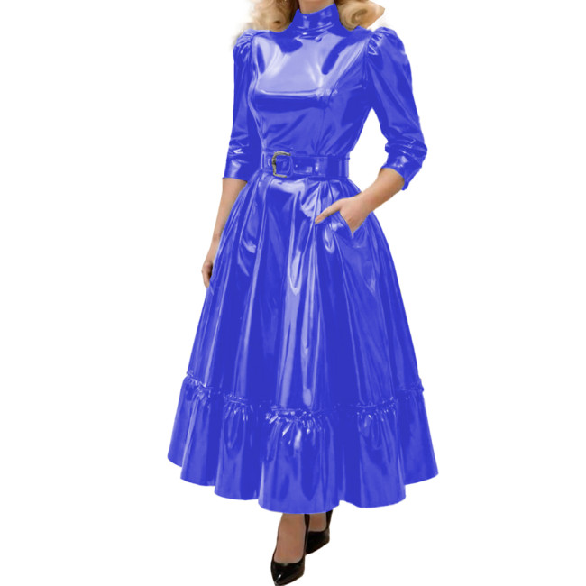 Fashion Turtleneck Solid Shiny PVC Leather A-Line Dress Womens Three Quarter Sleeves Long Belted Dress Female Elegant Vestidos