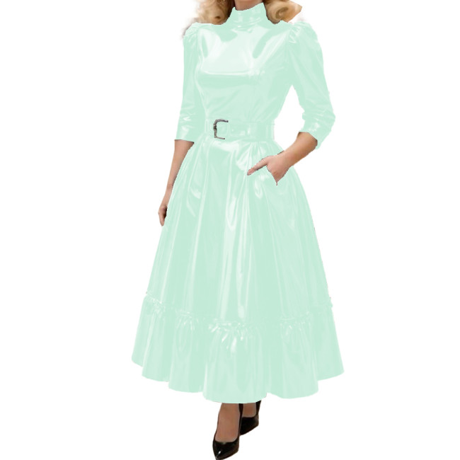 Fashion Turtleneck Solid Shiny PVC Leather A-Line Dress Womens Three Quarter Sleeves Long Belted Dress Female Elegant Vestidos