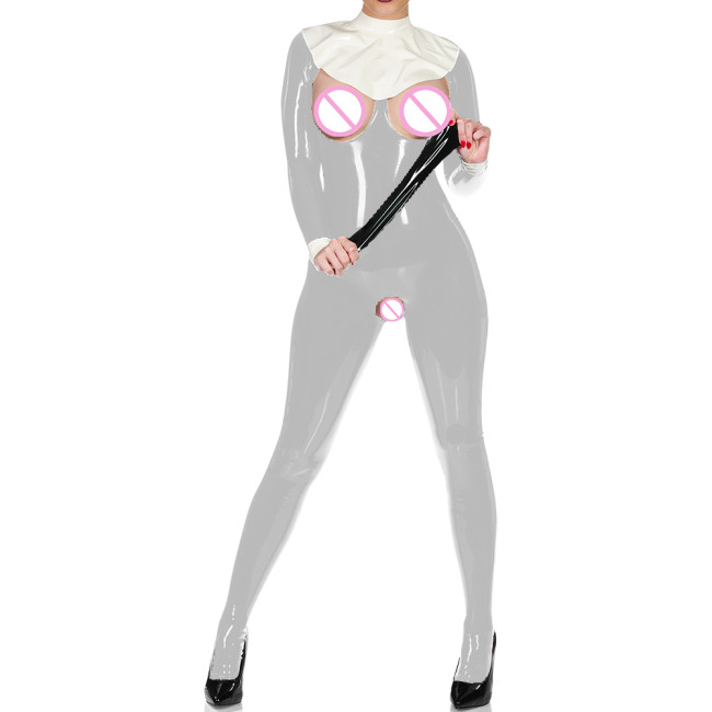 Exotic Sexy Cupless Crotchless Catsuit Wet PVC Leather Long Sleeve Club Bodysuit Fetish Open Crotch Bare Breast Erotic Lingerie