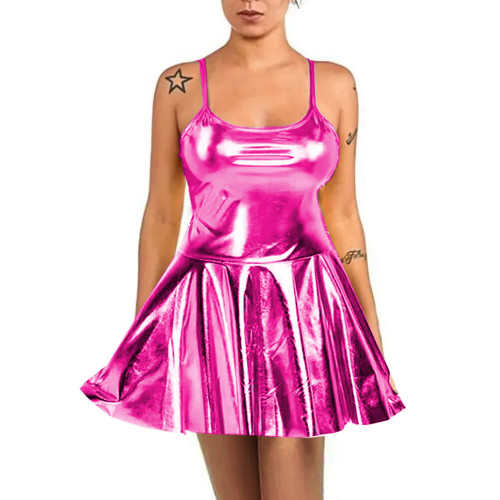 Summer Sexy Women High Waist Sundress Rave Party Spaghetti Straps Cami Slip Dress Shiny Metallic Short A-line Skater Mini Dress