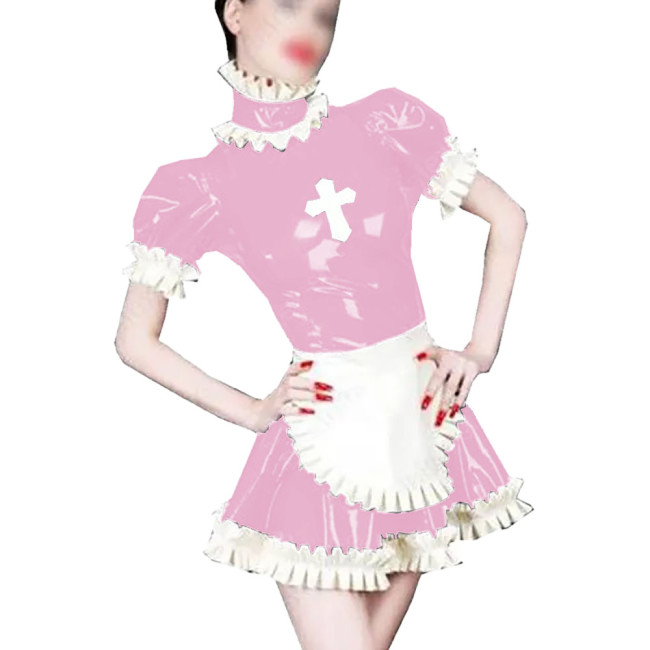 Wetlook PVC Leather A-line Nun Maid Dress Sets Shiny Ruffles Short Sleeve Lolita Dress with Apron Party Cosplay Nun Maid Outfit