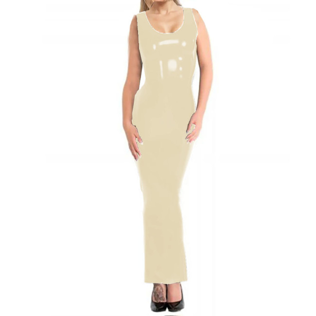 Wetlook Sleeveless Bodycon Long Pencil Dress Sexy U-neck Slim Fit Party Club Sundress Womens Shiny PVC Dresses Female Vestido