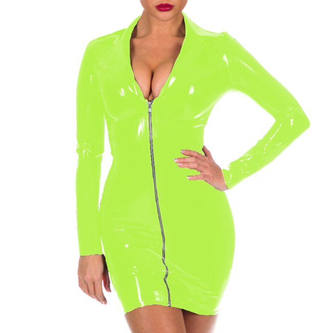 Ladies Suit Collar Shiny PVC Bodycon Mini Dress Sexy Women Long Sleeve Office Tight Dress Elegant Wetlook Vestidos Clubwear 7XL