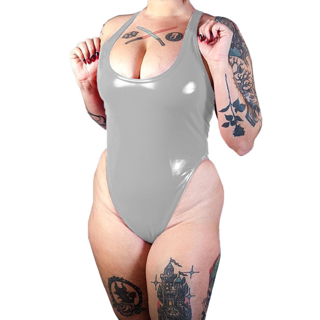 Sexy Sleeveless Bodysuits for Women Wet PVC Leather Deep U-Neck Racerback Tank Tops Body Suit Shiny Raves Party Club Rompers 7XL
