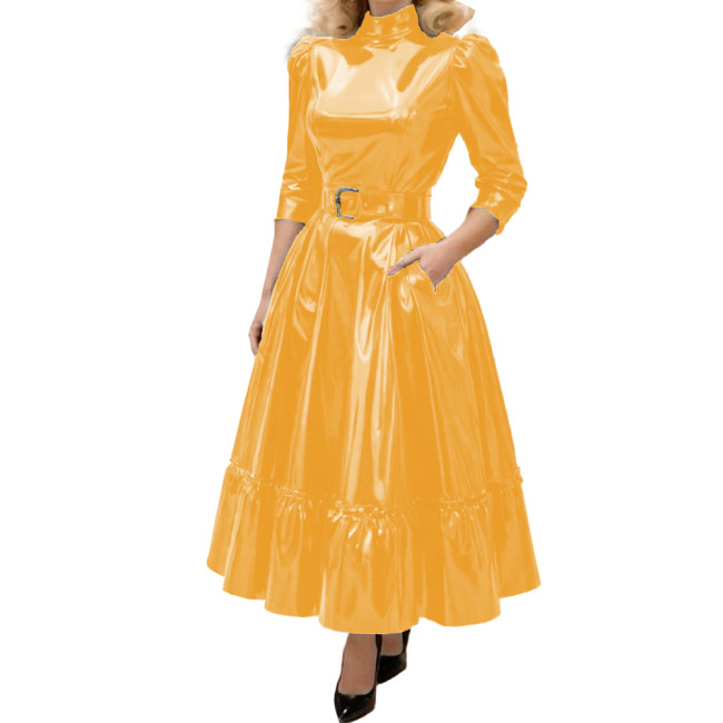 Fashion Turtleneck Solid Shiny PVC Leather A-Line Dress Womens Three Quarter Sleeves Long Belted Dress Female Elegant Vestidos