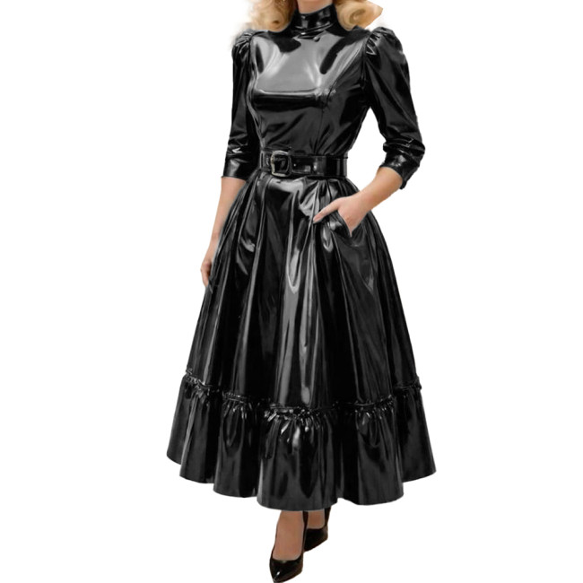 Fashion Turtleneck Solid Shiny PVC Leather A-Line Dress Womens Three Quarter Sleeves Long Belted Dress Female Elegant Vestidos
