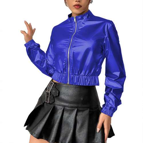 Metallic Shiny  Long Sleeve Women Sexy Short Jacket WIth Zipper Slim Clubwear Blouse Novelty Female Top Sexy Women Clothing 7XL