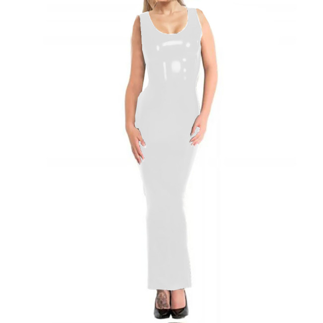 Wetlook Sleeveless Bodycon Long Pencil Dress Sexy U-neck Slim Fit Party Club Sundress Womens Shiny PVC Dresses Female Vestido