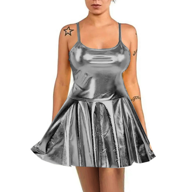 Summer Sexy Women High Waist Sundress Rave Party Spaghetti Straps Cami Slip Dress Shiny Metallic Short A-line Skater Mini Dress
