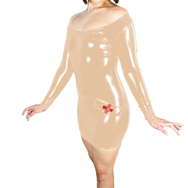 Sexy Spandex PVC Leather Bodycon Nurse Dress Party Scoop Neck Skinny Short Dress Exotic Medical Cross Cosplay Dress Clothing 7XL