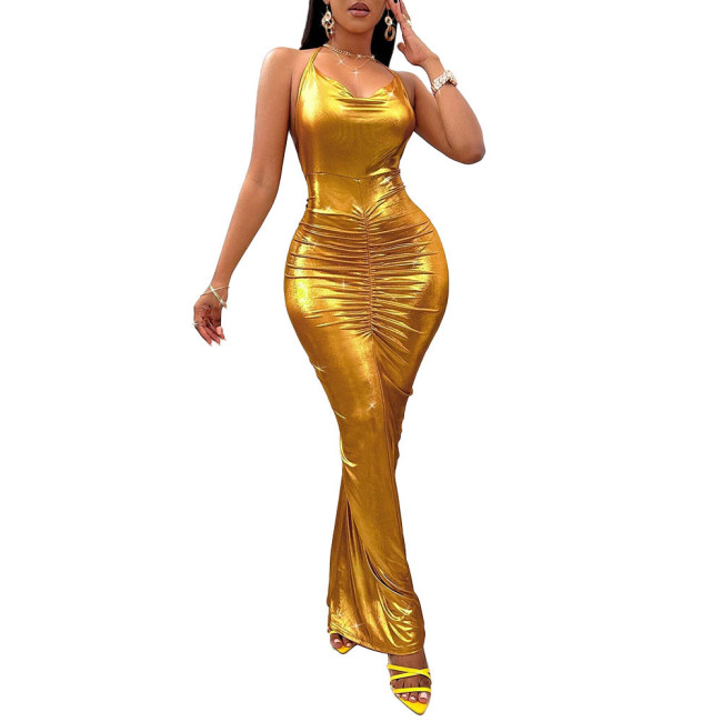 Metallic Shiny Ladies High Street Bodycon Long Dress Sexy V-neck Halter Backless Club Party Dress Women Sheath Vestidos  7XL