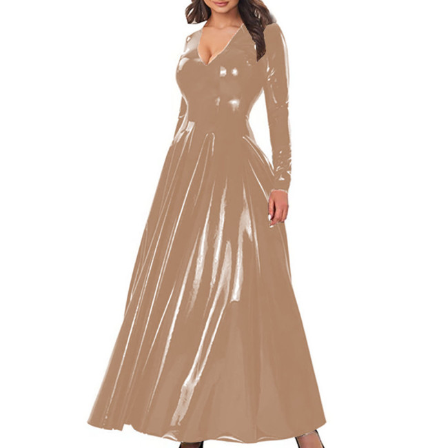 Elegant A-Line Cocktail Party Dress Women V-Neck Long Sleeve Shiny PVC Leather Maxi Dress Zipper Back Nightclub Gown Vestidos