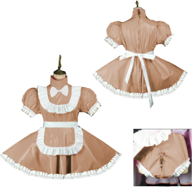 Sweet Short Puff Sleeve Maid Uniforms Wetlook Lockable Party Maid Dress Outfits Sissy Maid Cosplay Skirted Bodysuit with Apron