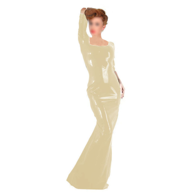 Women's Party Slim Long Dress Female Square Collar Shiny PVC Leather Bodycon Maxi Dress Wetlook Nightclub Half Sleeve Vestidos