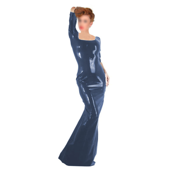 Women's Party Slim Long Dress Female Square Collar Shiny PVC Leather Bodycon Maxi Dress Wetlook Nightclub Half Sleeve Vestidos