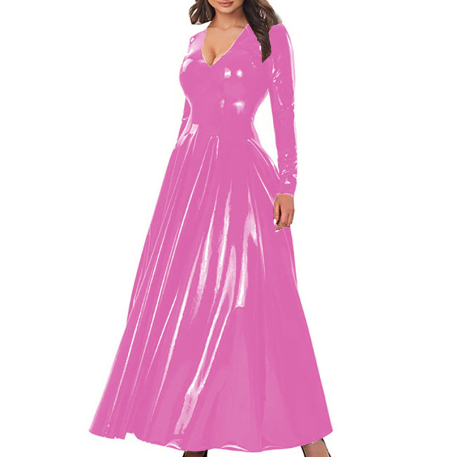 Elegant A-Line Cocktail Party Dress Women V-Neck Long Sleeve Shiny PVC Leather Maxi Dress Zipper Back Nightclub Gown Vestidos