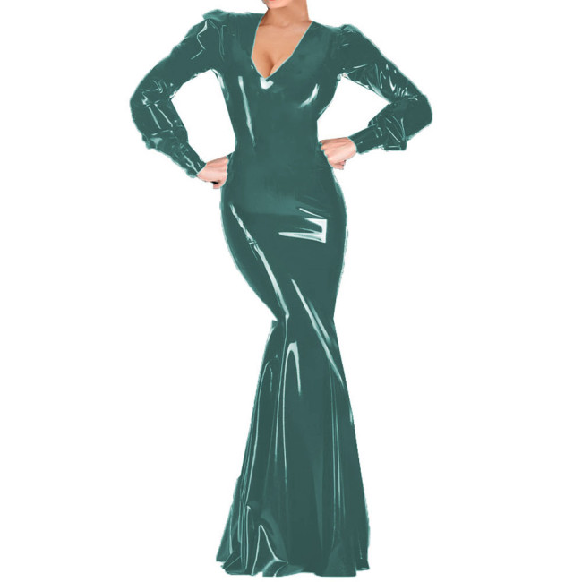 Sexy Women Cocktail Party V-neck Maxi Dress Vinyl PVC Leather Club Long Dress Female Long Sleeve Floor-length Robe Vestidos 7XL