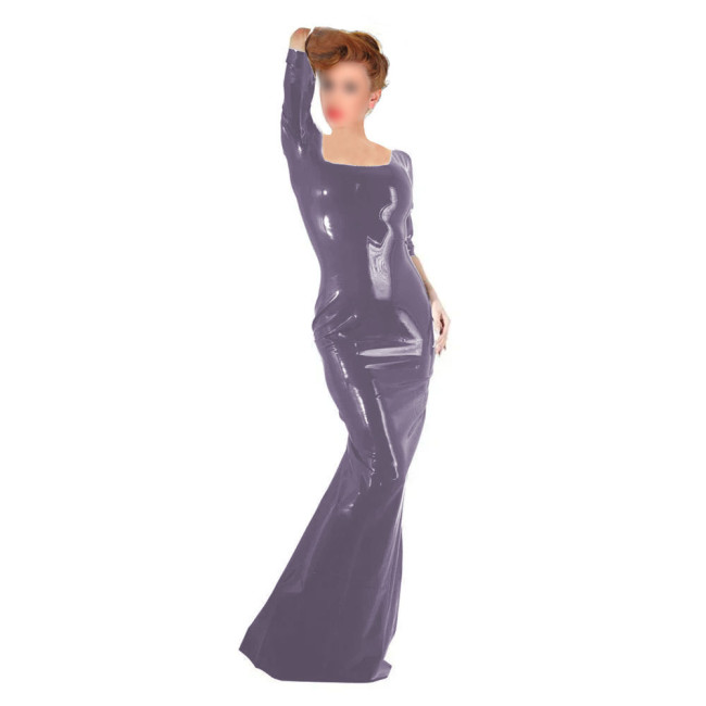 Women's Party Slim Long Dress Female Square Collar Shiny PVC Leather Bodycon Maxi Dress Wetlook Nightclub Half Sleeve Vestidos