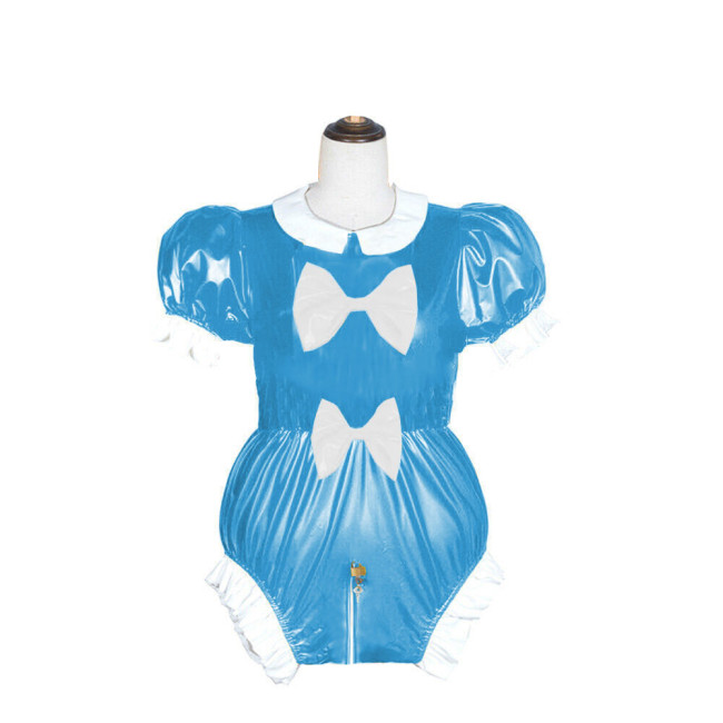 Adult Lockable Peter Pan Collar PVC Shiny Bodysuit Lolita Puff Short Sleeve Romper Wetlook Cosplay Zipper Open Crotch Playsuit