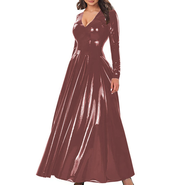 Elegant A-Line Cocktail Party Dress Women V-Neck Long Sleeve Shiny PVC Leather Maxi Dress Zipper Back Nightclub Gown Vestidos