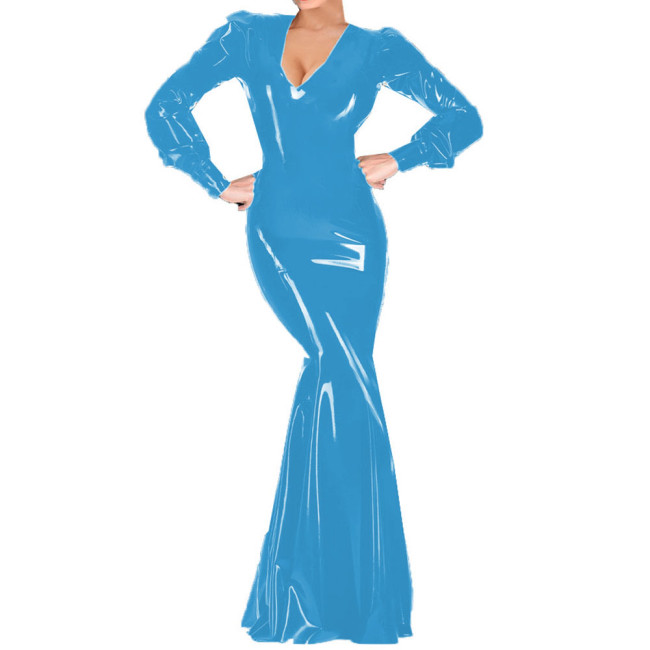 Sexy Women Cocktail Party V-neck Maxi Dress Vinyl PVC Leather Club Long Dress Female Long Sleeve Floor-length Robe Vestidos 7XL