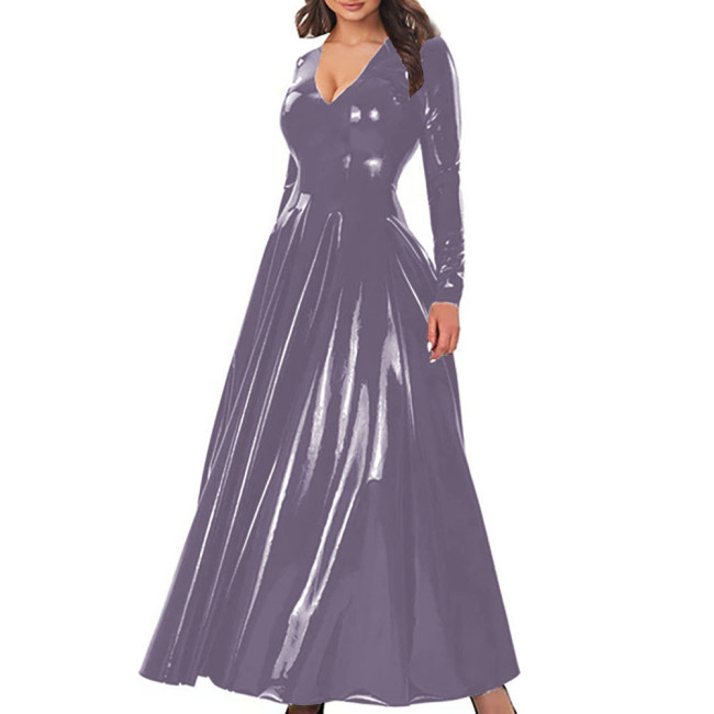 Elegant A-Line Cocktail Party Dress Women V-Neck Long Sleeve Shiny PVC Leather Maxi Dress Zipper Back Nightclub Gown Vestidos