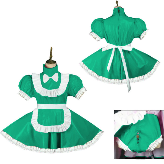 Sweet Short Puff Sleeve Maid Uniforms Wetlook Lockable Party Maid Dress Outfits Sissy Maid Cosplay Skirted Bodysuit with Apron