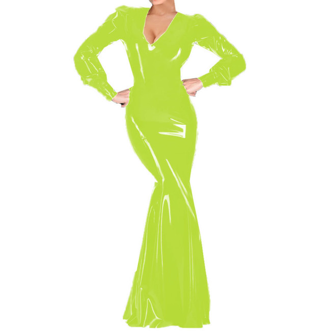 Sexy Women Cocktail Party V-neck Maxi Dress Vinyl PVC Leather Club Long Dress Female Long Sleeve Floor-length Robe Vestidos 7XL