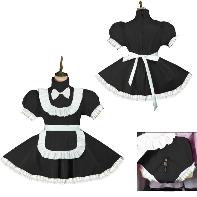 Sweet Short Puff Sleeve Maid Uniforms Wetlook Lockable Party Maid Dress Outfits Sissy Maid Cosplay Skirted Bodysuit with Apron