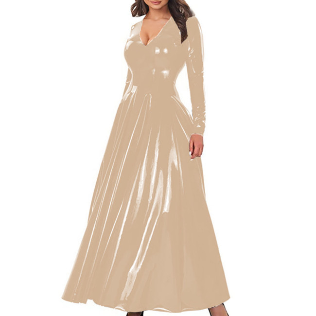 Elegant A-Line Cocktail Party Dress Women V-Neck Long Sleeve Shiny PVC Leather Maxi Dress Zipper Back Nightclub Gown Vestidos
