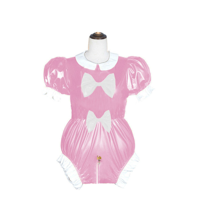 Adult Lockable Peter Pan Collar PVC Shiny Bodysuit Lolita Puff Short Sleeve Romper Wetlook Cosplay Zipper Open Crotch Playsuit