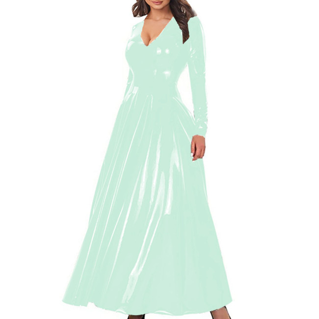 Elegant A-Line Cocktail Party Dress Women V-Neck Long Sleeve Shiny PVC Leather Maxi Dress Zipper Back Nightclub Gown Vestidos