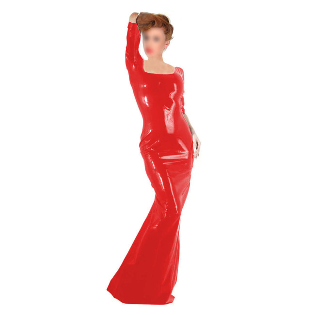 Women's Party Slim Long Dress Female Square Collar Shiny PVC Leather Bodycon Maxi Dress Wetlook Nightclub Half Sleeve Vestidos