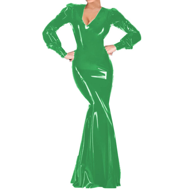 Sexy Women Cocktail Party V-neck Maxi Dress Vinyl PVC Leather Club Long Dress Female Long Sleeve Floor-length Robe Vestidos 7XL