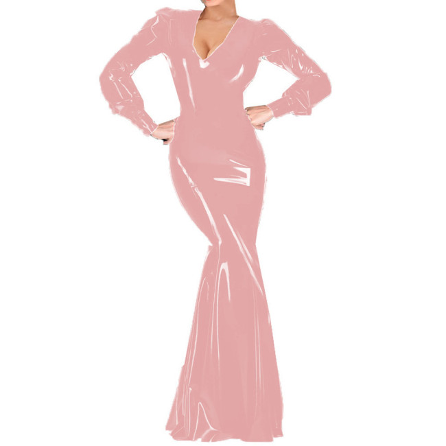Sexy Women Cocktail Party V-neck Maxi Dress Vinyl PVC Leather Club Long Dress Female Long Sleeve Floor-length Robe Vestidos 7XL