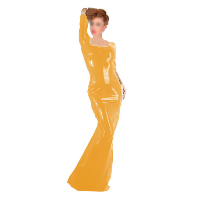 Women's Party Slim Long Dress Female Square Collar Shiny PVC Leather Bodycon Maxi Dress Wetlook Nightclub Half Sleeve Vestidos
