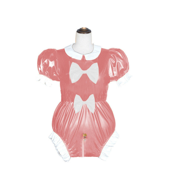 Adult Lockable Peter Pan Collar PVC Shiny Bodysuit Lolita Puff Short Sleeve Romper Wetlook Cosplay Zipper Open Crotch Playsuit