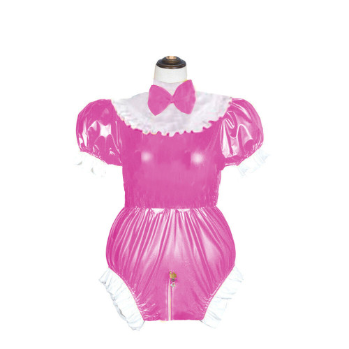 Sissy High Neck Bowtie Wetlook Bodysuit Ruffles Short Sleeve Shiny PVC Leather Lockable Playsuit Rave Party Maid Cosplay Catsuit