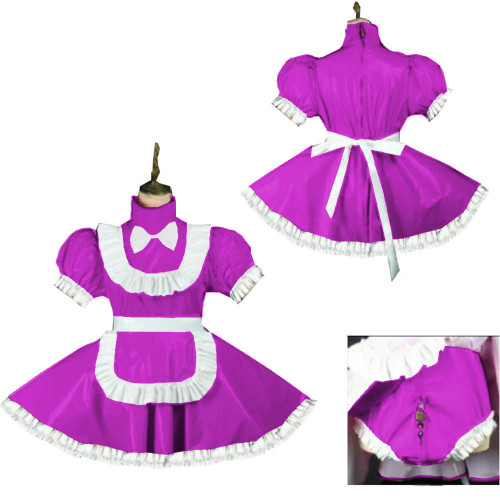 Sweet Short Puff Sleeve Maid Uniforms Wetlook Lockable Party Maid Dress Outfits Sissy Maid Cosplay Skirted Bodysuit with Apron