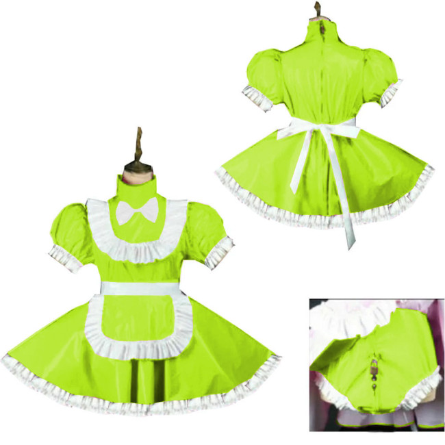 Sweet Short Puff Sleeve Maid Uniforms Wetlook Lockable Party Maid Dress Outfits Sissy Maid Cosplay Skirted Bodysuit with Apron