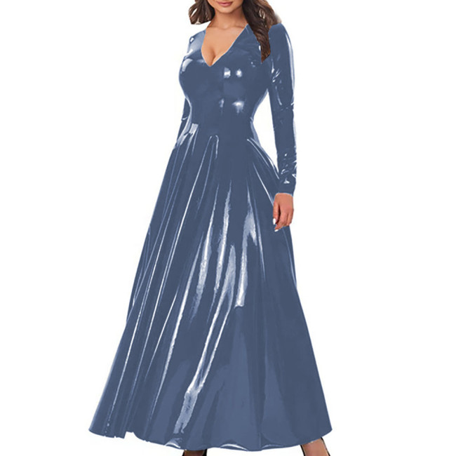 Elegant A-Line Cocktail Party Dress Women V-Neck Long Sleeve Shiny PVC Leather Maxi Dress Zipper Back Nightclub Gown Vestidos