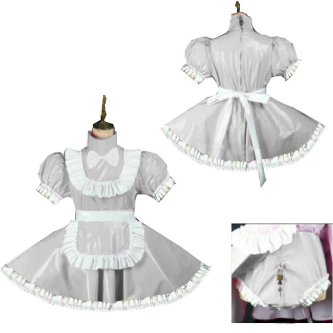Sweet Short Puff Sleeve Maid Uniforms Wetlook Lockable Party Maid Dress Outfits Sissy Maid Cosplay Skirted Bodysuit with Apron