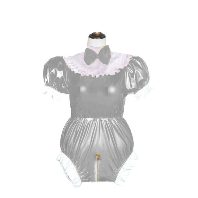 Sissy High Neck Bowtie Wetlook Bodysuit Ruffles Short Sleeve Shiny PVC Leather Lockable Playsuit Rave Party Maid Cosplay Catsuit